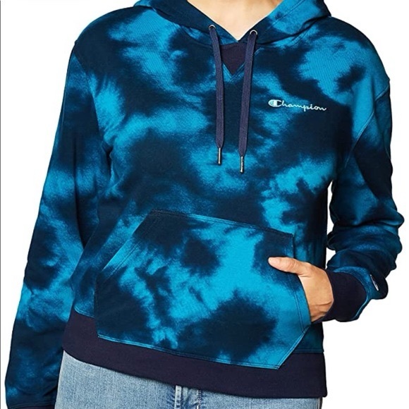 EUC Women’s Size Medium Champion Logo Embroidered Tie Dye Hoodie In Dark Navy - Picture 3 of 12